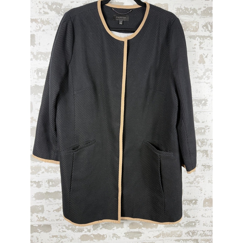Talbots Coat Womens 16 Black Tan Trim Button Front Collarless Long Lined Pockets